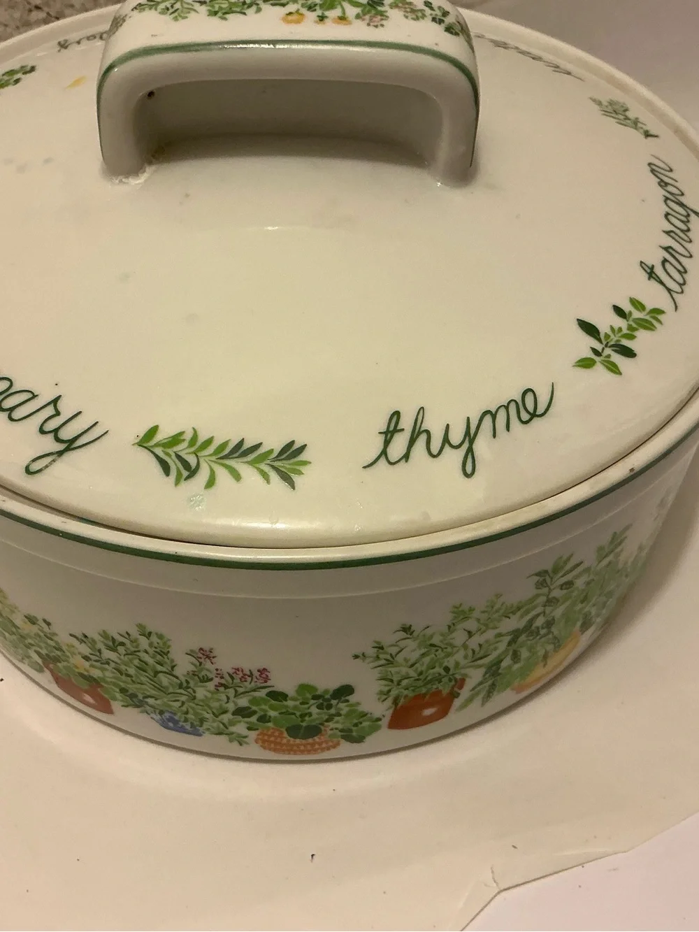 Herb-Themed Ceramic Covered Casserole Dish - White with Green Herb Motif
